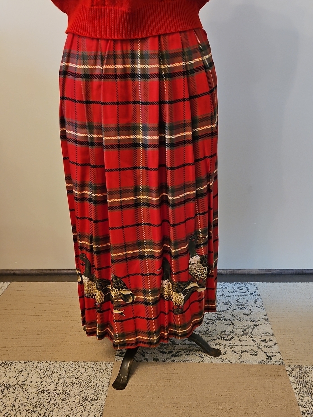 Vintage 1980s Leslie Fay Red Plaid Maxi Skirt Duck Goose Border Grannycore Sz 8